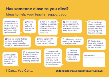 Postcard with tips for a teacher supporting a grieving child