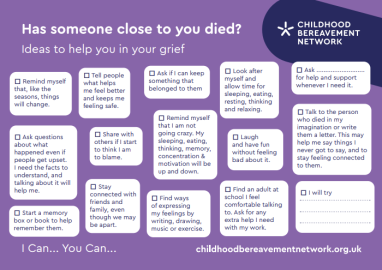 Postcard with speech bubbles giving advice on what can help with grief