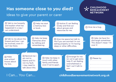 Postcard with tips to give a partent or carer on how to support a grieving child